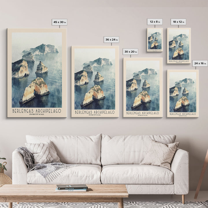 Berlengas Archipelago, Portugal Watercolor Print, Vacation Gift, Portugal Wall Art, Beach Painting, Beach Decor, Large Wall Art, Wood Frame Art