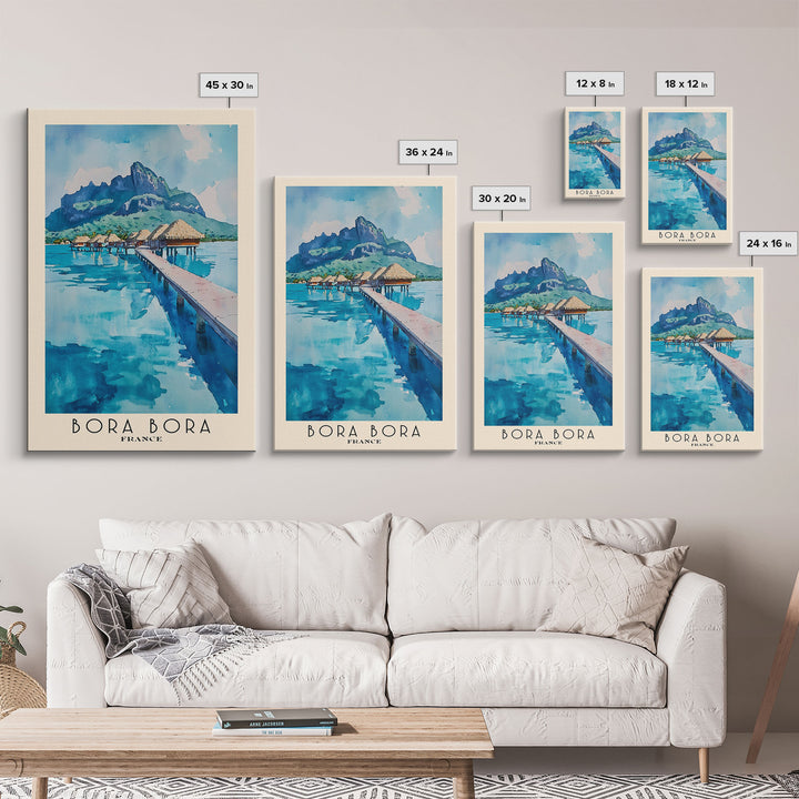 Bora Bora, France Watercolor Beach Print, Vacation Gift, France Wall Art, Framed Canvas Print, Framed Beach Painting