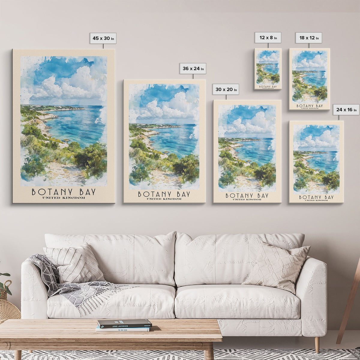 Botany Bay, United Kingdom Watercolor Print, Vacation Gift, United Kingdom Wall Art, Beach Painting, Beach Decor, Large Wall Art, Wood Frame Art