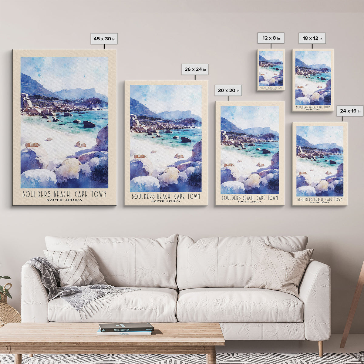 Boulders Beach, Cape Town, South Africa Watercolor Print, Vacation Gift, South Africa Wall Art, Beach Painting, Beach Decor, Large Wall Art, Wood Frame Art