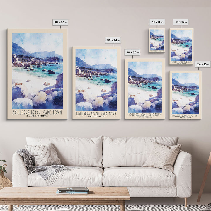 Boulders Beach, Cape Town, South Africa Watercolor Print, Vacation Gift, South Africa Wall Art, Beach Painting, Beach Decor, Large Wall Art, Wood Frame Art