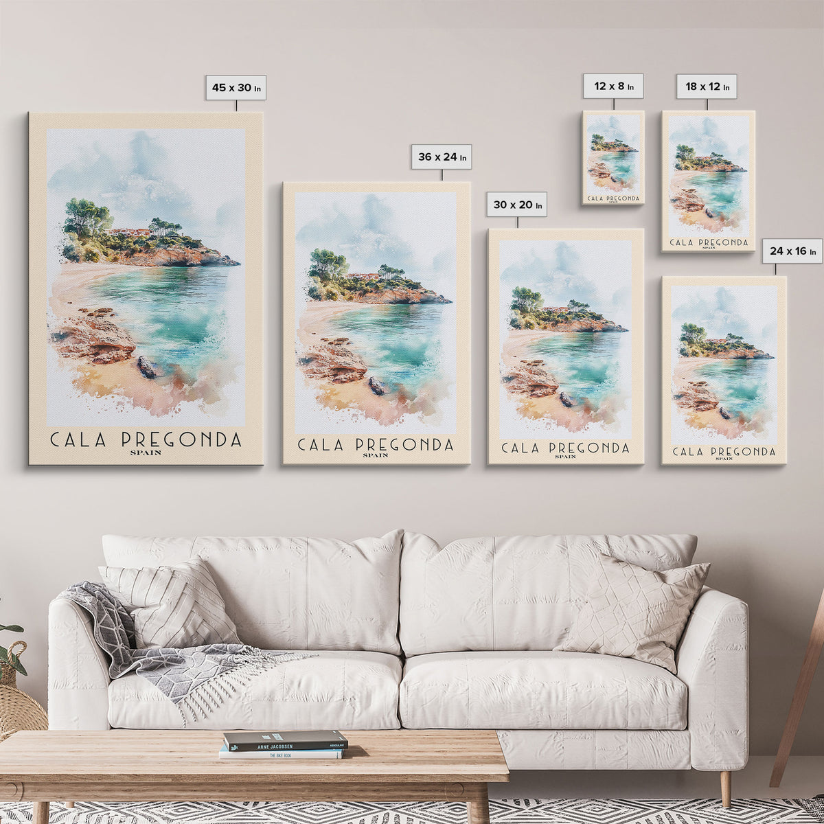 Cala Pregonda, Spain Watercolor Print, Vacation Gift, Spain Wall Art, Beach Painting, Beach Decor, Large Wall Art, Wood Frame Art