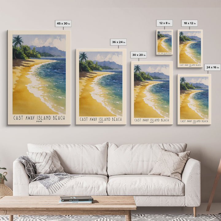 Cast Away Island Beach, Fiji Watercolor Print, Vacation Gift, Fiji Wall Art, Beach Painting, Beach Decor, Large Wall Art, Wood Frame Art