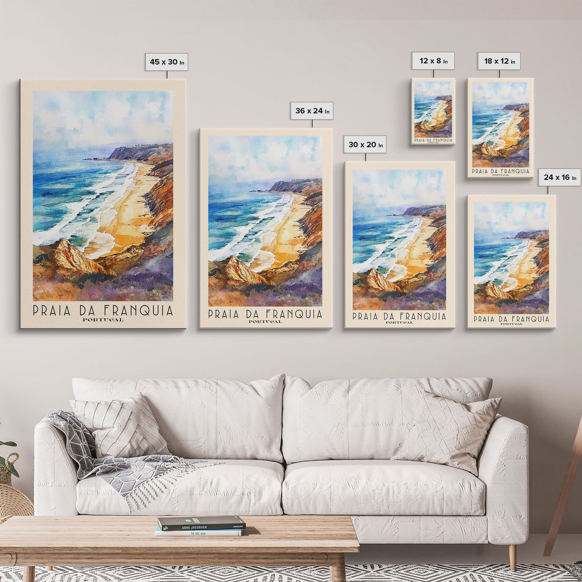 Praia da Franquia, Portugal Watercolor Print, Vacation Gift, Portugal Wall Art, Beach Painting, Beach Decor, Large Wall Art, Wood Frame Art