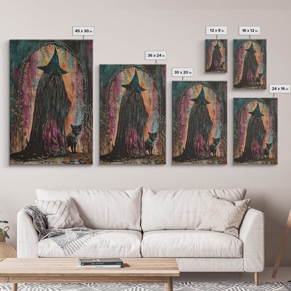 Cottage Core Witch Framed Canvas Print, Springtime Witch, Halloween Art, Halloween Decor, Colorful Halloween Witch Decor Wall Art