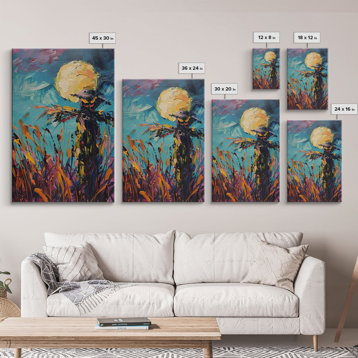 Halloween Spooky Scarecrow Under Full Moon Framed Canvas Print, Haunted Field Wall Art, Home Decor, Seasonal Decor, Gift Idea, Harvest Night