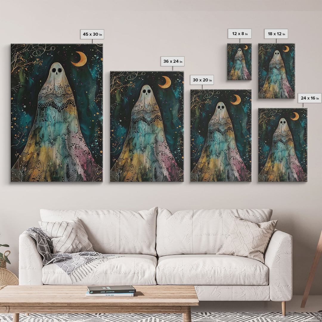 Cottage Core Ghost Decor, Cottagecore Halloween Art Framed Canvas Print, Unique Wall Art, Spooky Season Decor