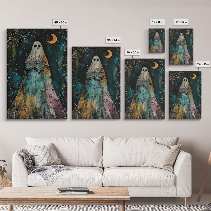 Cottage Core Ghost Decor, Cottagecore Halloween Art Framed Canvas Print, Unique Wall Art, Spooky Season Decor