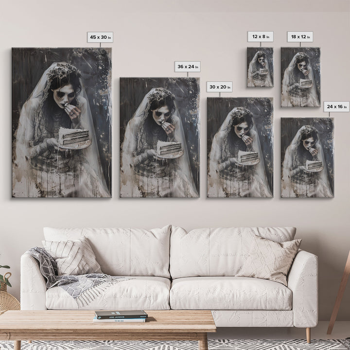 Melancholic Ghost Bride Having A Slice of Birthday Cake, Framed Canvas Print, Halloween Decor