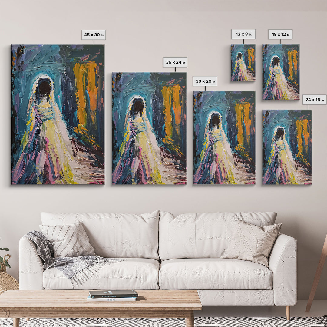 Halloween Haunted Veiled Ghost, Framed Canvas Print, Wall Art, Living Room Decor, Spooky, Ghost Art, Original Painting, Home Decor