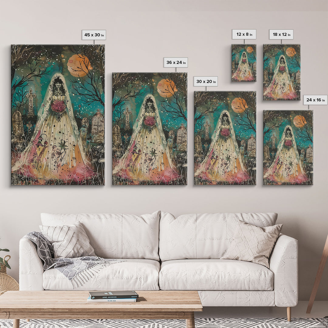 Halloween Skeleton Bride in Cemetery, Framed Canvas Print, Wall Art, Living Room Decor, Spooky, Skeleton Art, Original Painting, Home Decor