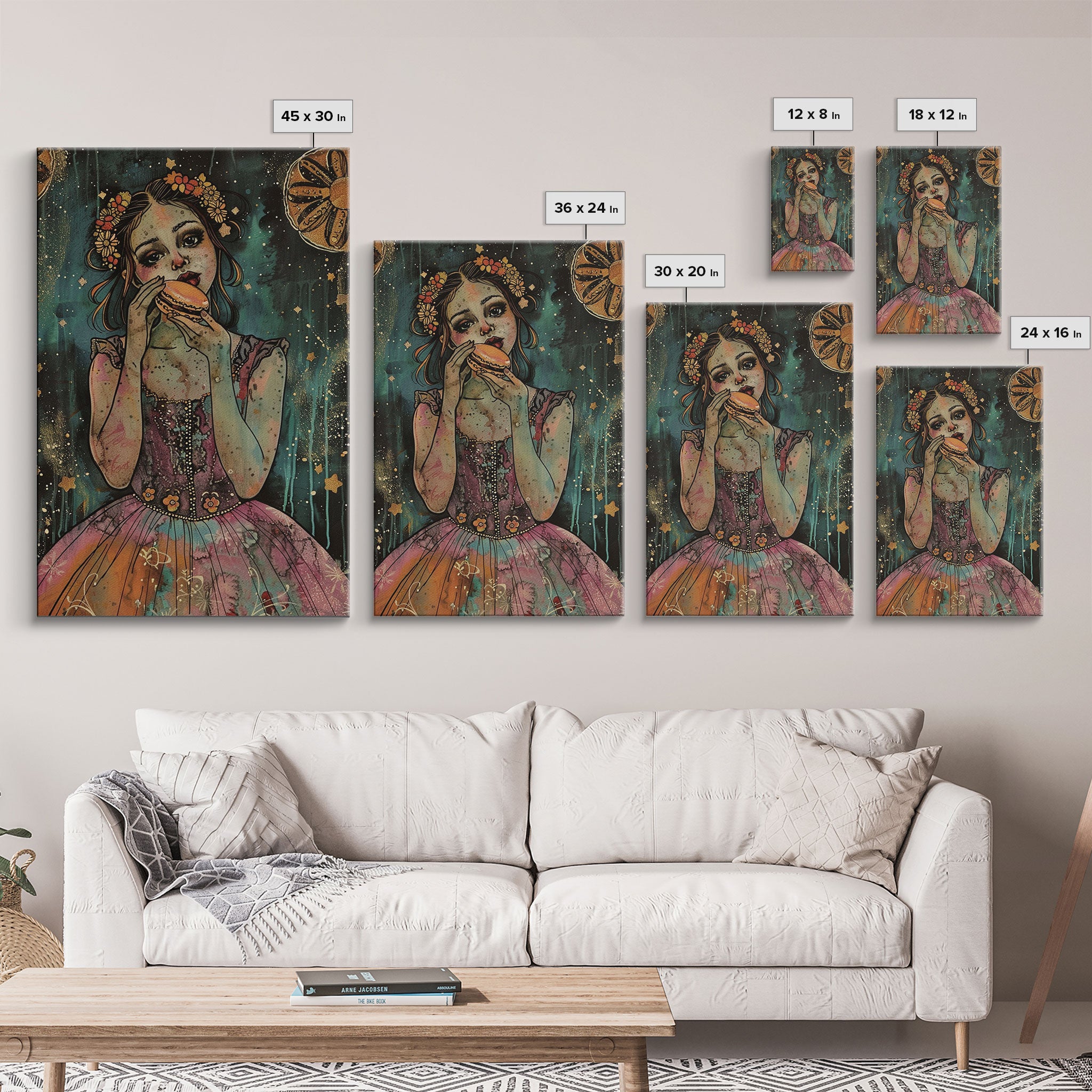 Halloween Girl Eating Macaron, Framed Canvas Print, Wall Art, Living Room Decor, Spooky, Girl Art, Original Painting, Home Decor