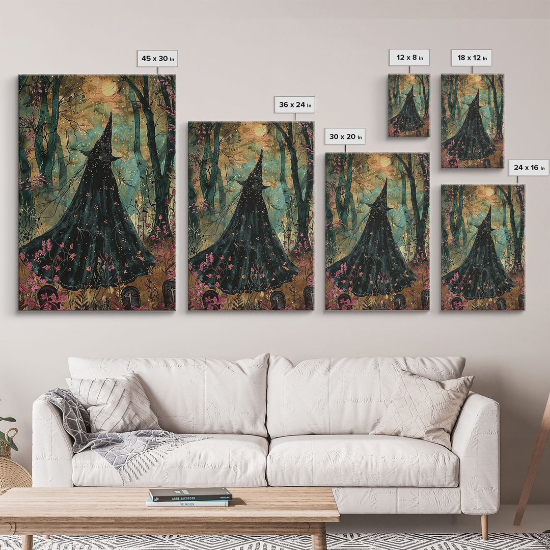 Halloween Witch in Dark Forest, Framed Canvas Print, Wall Art, Living Room Decor, Spooky, Witch Art, Original Painting, Home Decor