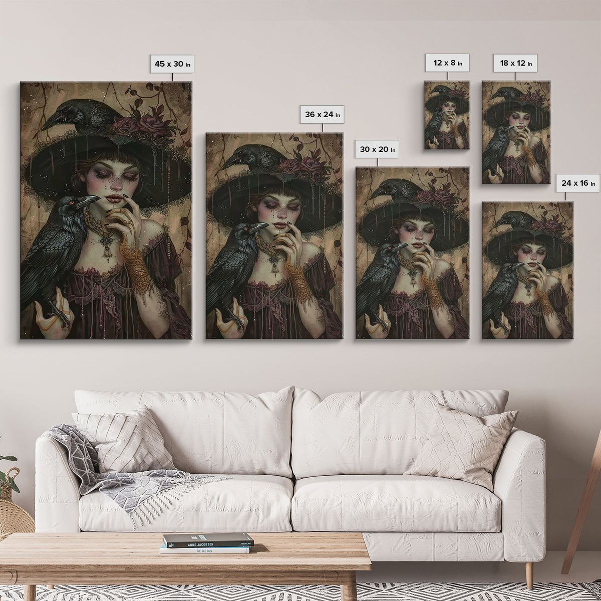 Cottage Core Witch With Raven Framed Canvas Print, Halloween Wall Decor / Wall Art, Spooky Witch, Spooky Month Gift Idea