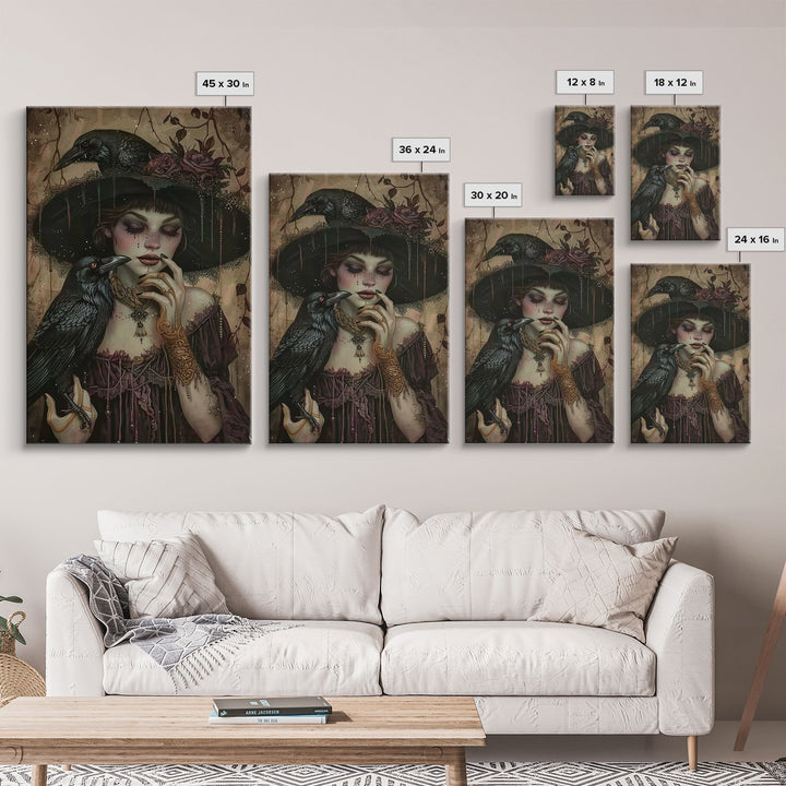 Cottage Core Witch With Raven Framed Canvas Print, Halloween Wall Decor / Wall Art, Spooky Witch, Spooky Month Gift Idea