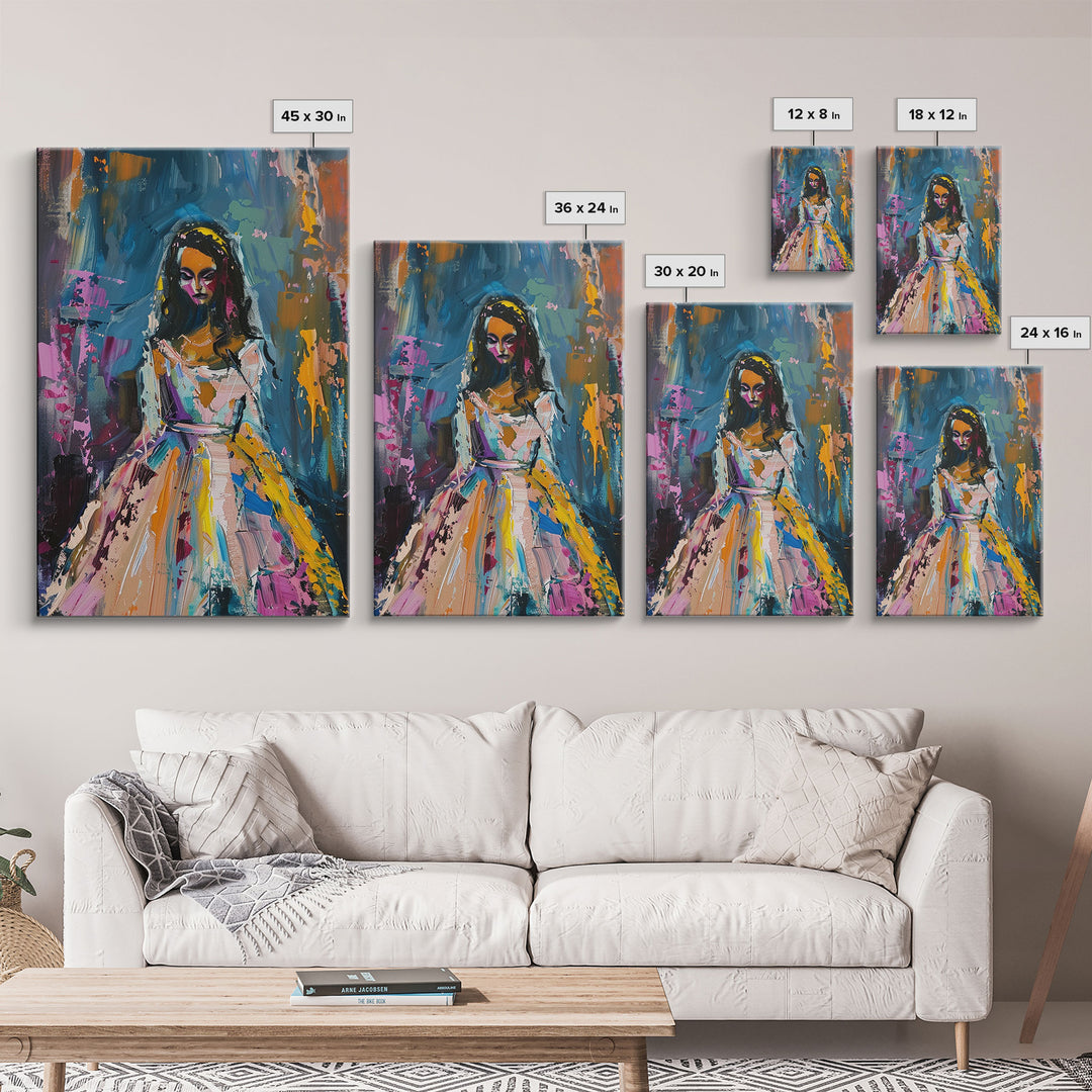Halloween Bride with Colorful Dress, Framed Canvas Print, Wall Art, Living Room Decor, Spooky, Bride Art, Original Painting, Home Decor