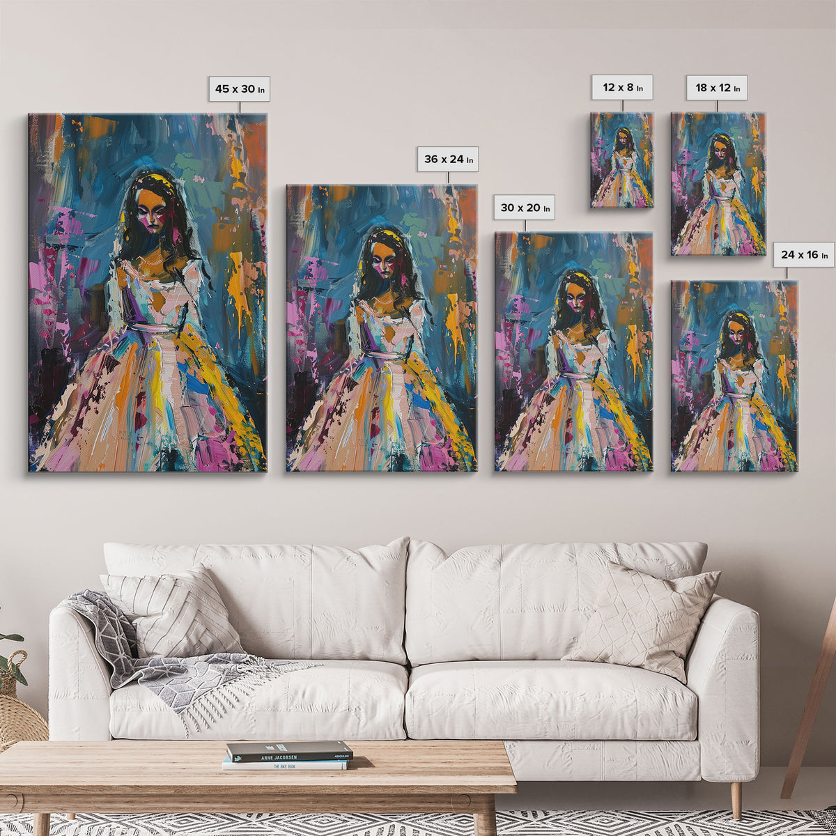 Halloween Bride with Colorful Dress, Framed Canvas Print, Wall Art, Living Room Decor, Spooky, Bride Art, Original Painting, Home Decor