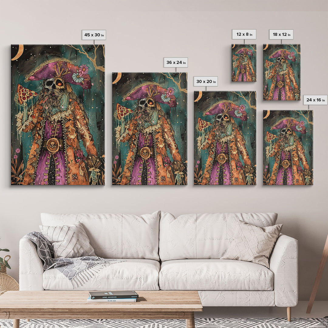 Halloween Pirate Skeleton with Pizza Framed Canvas Print, Spooky Decor, Living Room Art, Fun Halloween Wall Art Home Decor Vintage Style Art