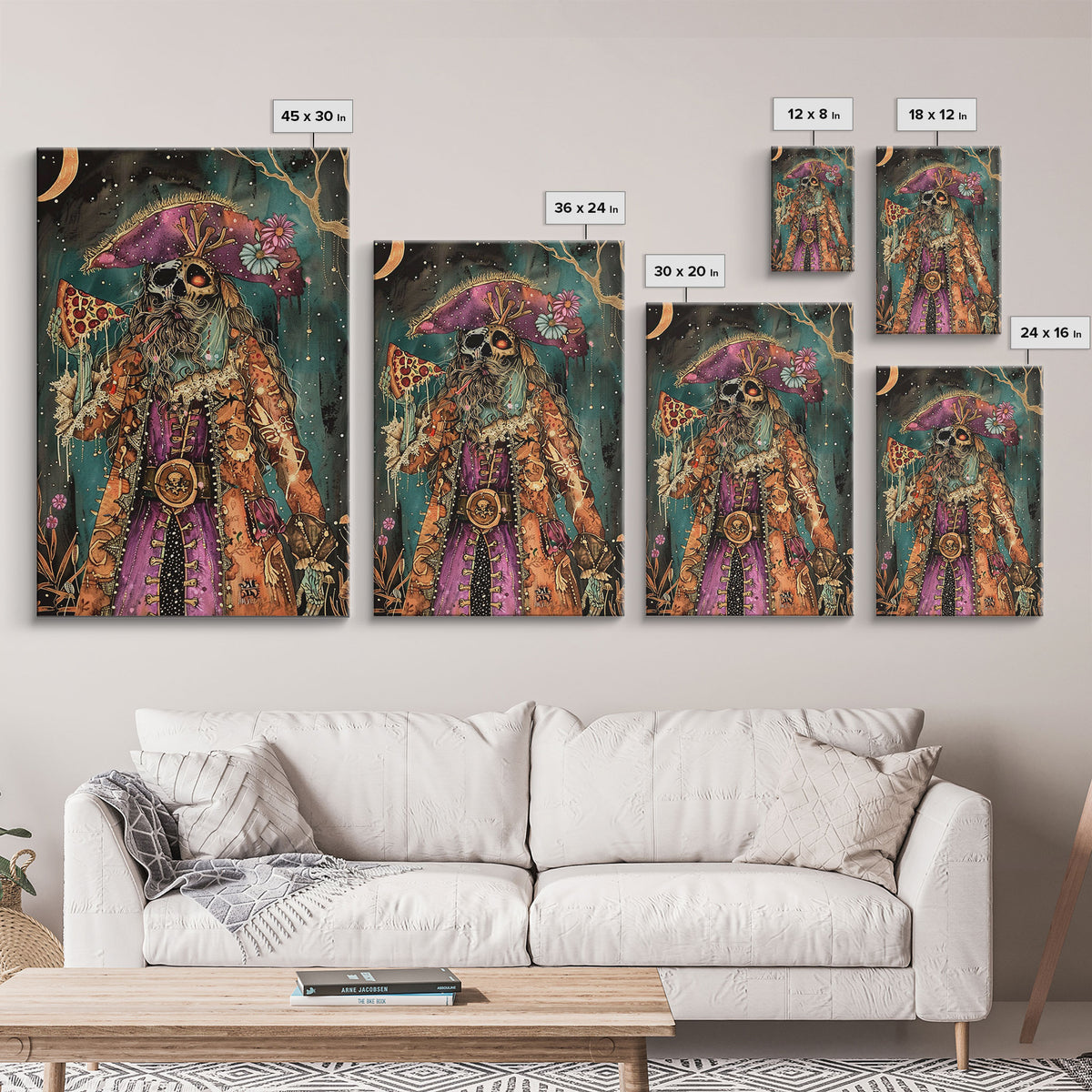 Halloween Pirate Skeleton with Pizza Framed Canvas Print, Spooky Decor, Living Room Art, Fun Halloween Wall Art Home Decor Vintage Style Art