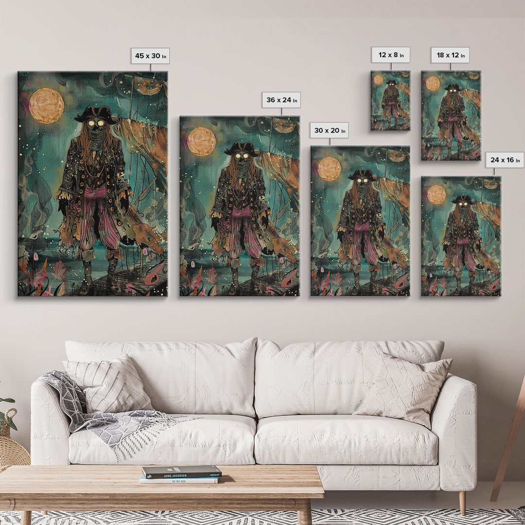 Halloween Ghost Pirate Under Full Moon Framed Canvas Print, Spooky Decor, Living Room Art, Nautical Halloween Wall Art, Home Decoration
