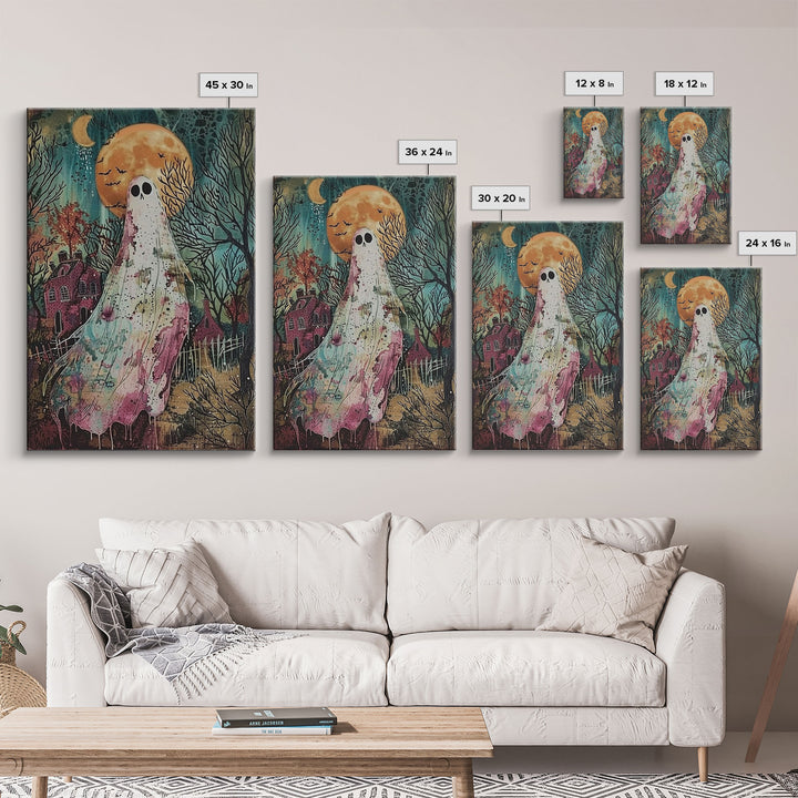 Halloween Ghost in Haunted Forest Framed Canvas Print, Spooky Decor, Living Room Art, Creepy Halloween Wall Art, Home Decoration