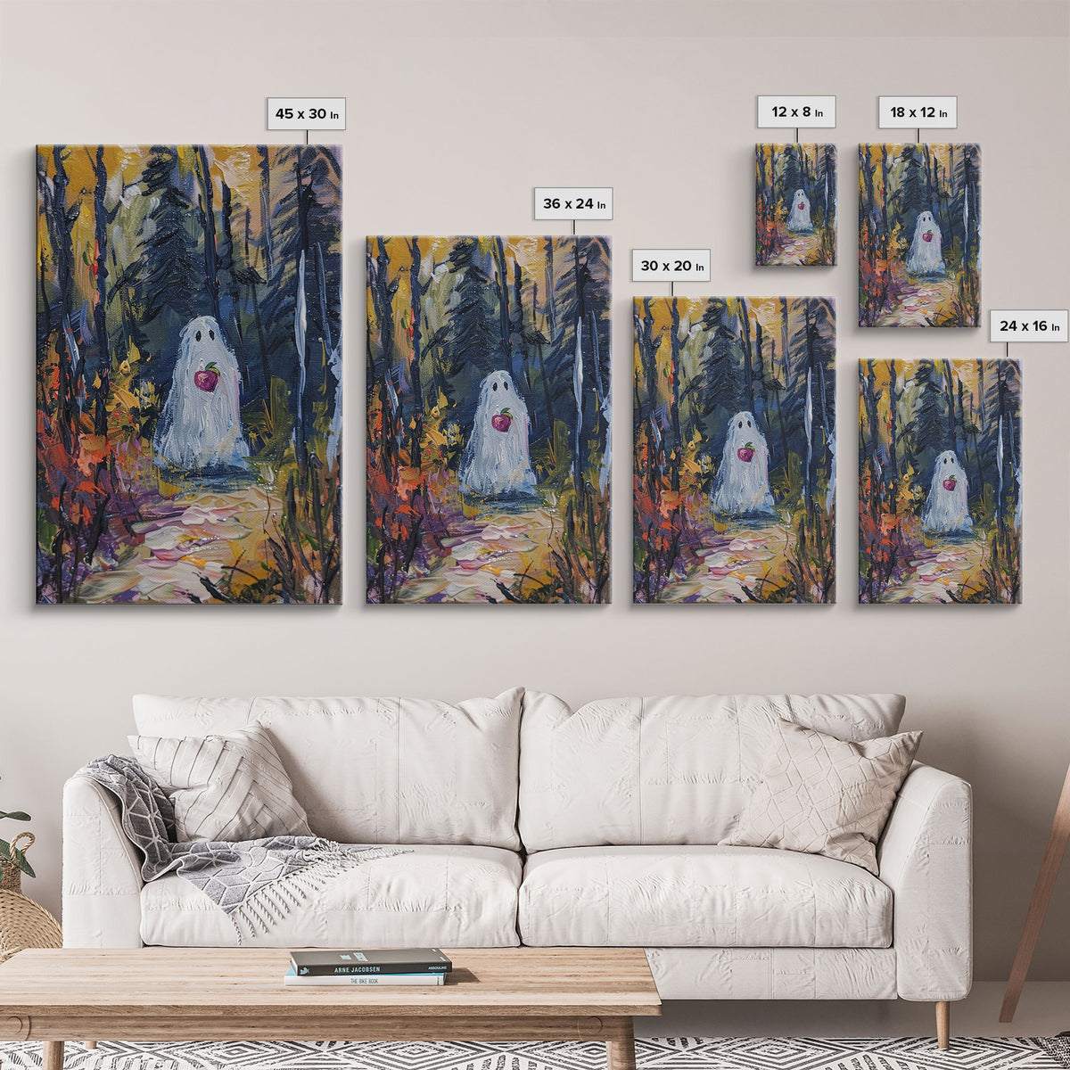 Halloween Ghost in Forest with Apple Framed Canvas Print, Whimsical Spooky Decor, Living Room Art, Fun Halloween Art, Home Decor, Retro Art