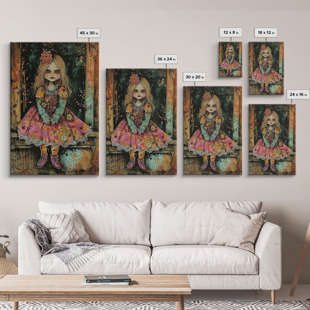 Halloween Witch in Forest Framed Canvas Print, Spooky Decor, Living Room Art, Whimsical Halloween Wall Art, Home Decoration, Retro Style Art