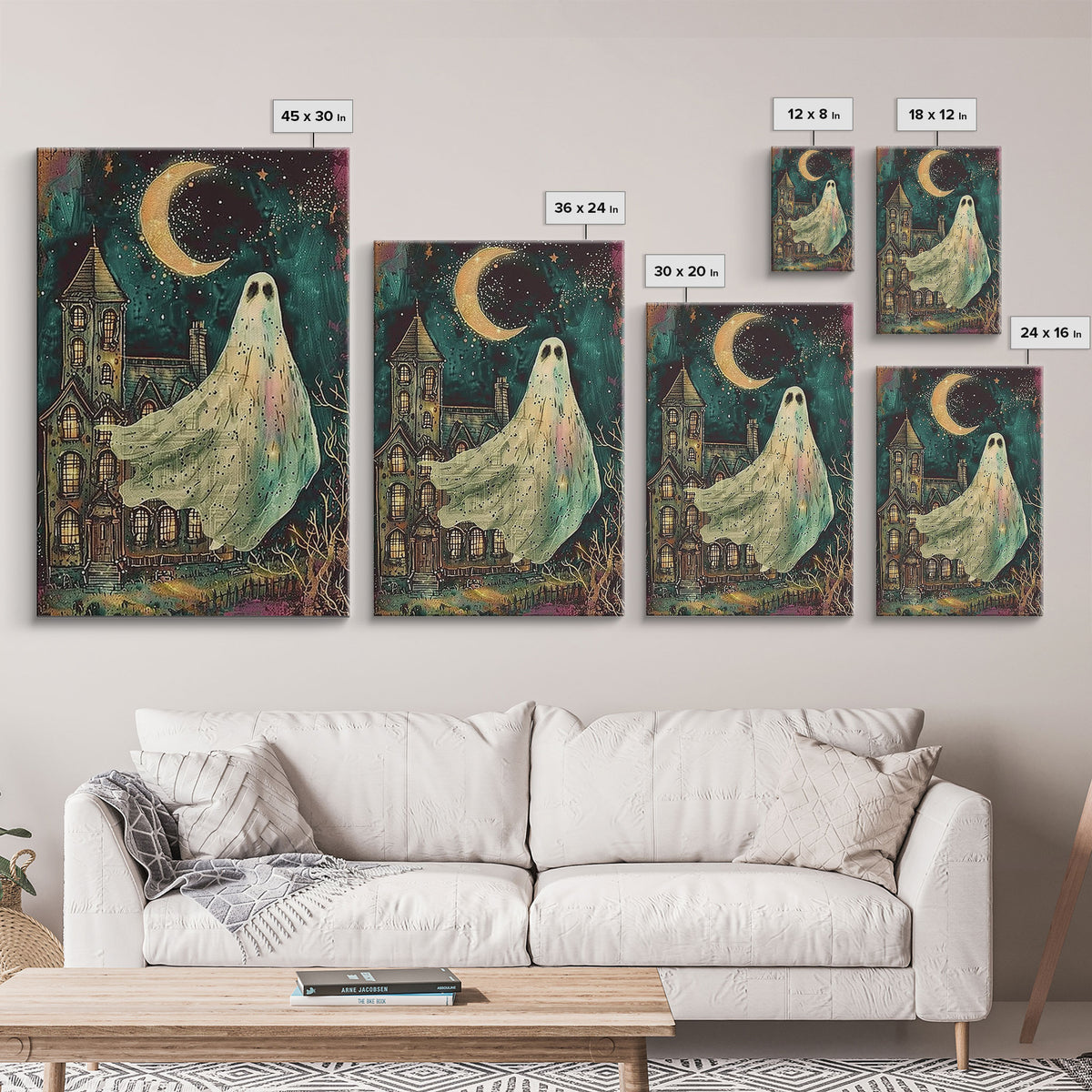 Halloween Ghost with Colorful Background, Framed Canvas Print, Wall Art, Spooky Decor, Halloween Decoration, Living Room Art, Unique Gift