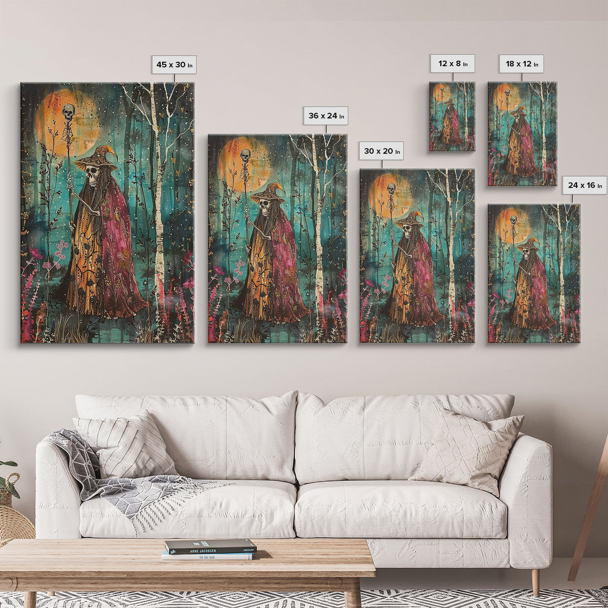 Halloween Skeleton with Spider Webs, Framed Canvas Print, Wall Art, Spooky Decor, Halloween Decoration, Living Room Art, Unique Gift