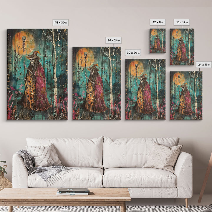 Halloween Skeleton with Spider Webs, Framed Canvas Print, Wall Art, Spooky Decor, Halloween Decoration, Living Room Art, Unique Gift