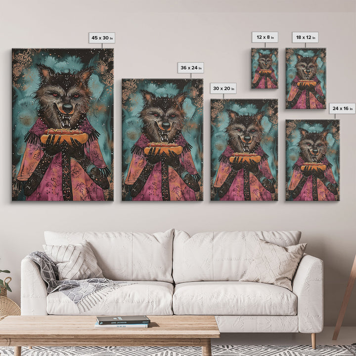 Halloween Werewolf with Hotdog, Framed Canvas Print, Wall Art, Home Decor, Spooky Artwork, Monster Decor, Halloween Decor, Funny Halloween