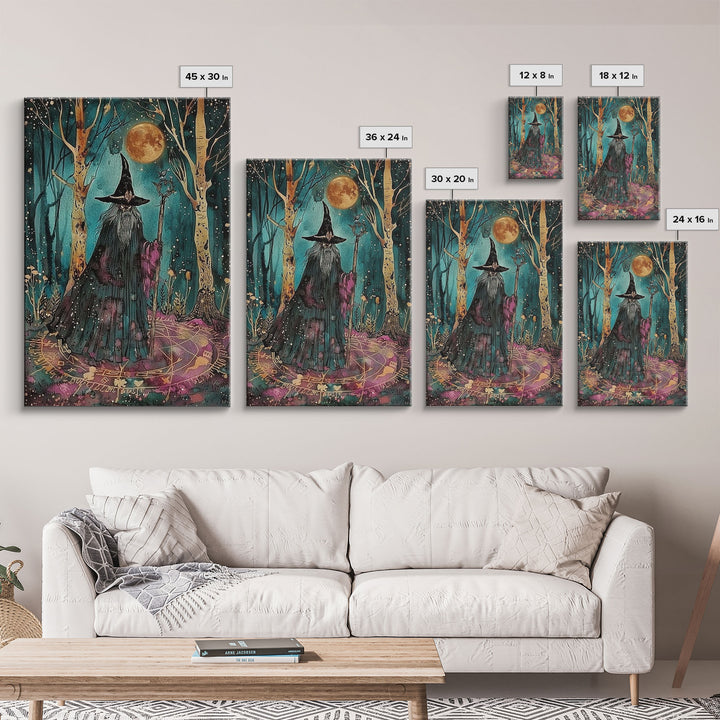 Halloween Wizard in Forest, Framed Canvas Print, Wall Art, Home Decor, Spooky Artwork, Magic Decor, Halloween Decor Painting, Holiday Decor