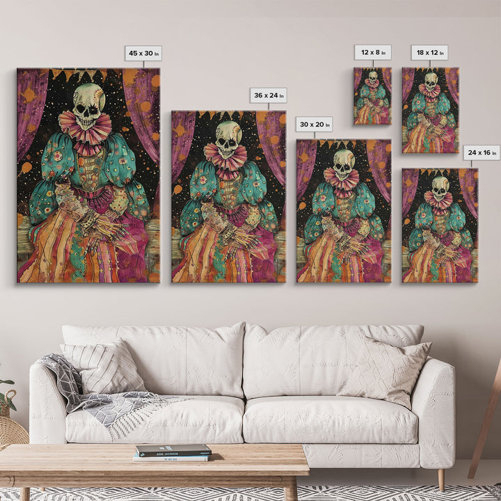 Creepy Skeleton Clown Framed Canvas Print, Cottagecore Halloween Mashup, Spooky Vibes Halloween Decor