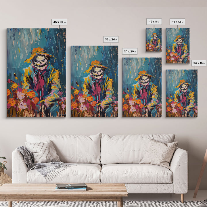 Colorful Scarecrow in Flower Field Framed Canvas Print | Halloween Art | Whimsical Spooky Art | Playful Scarecrow Art for Home Decor