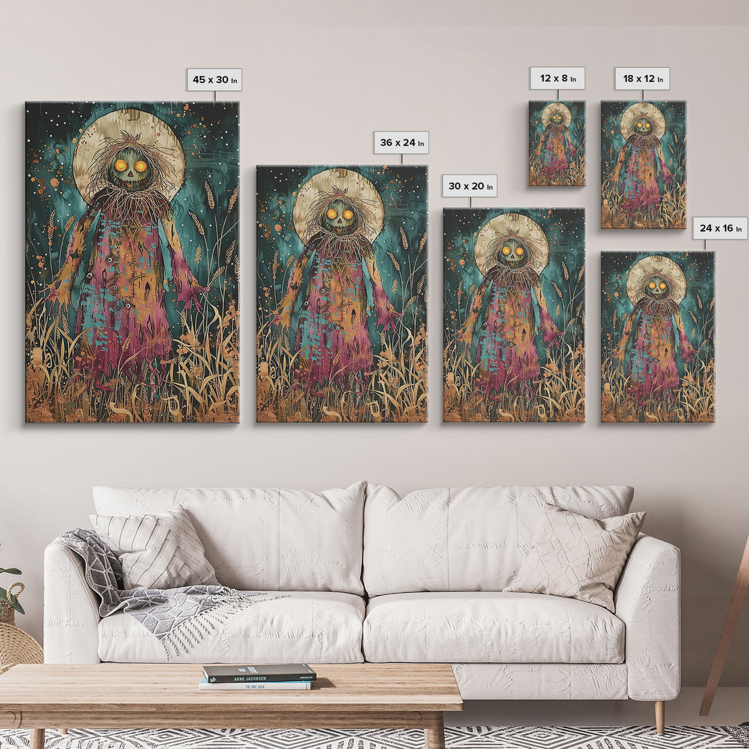 Creepy Moonlit Scarecrow Framed Canvas Print | Halloween Art | Spooky Harvest Artwork | Sinister Scarecrow Art for Home Decor