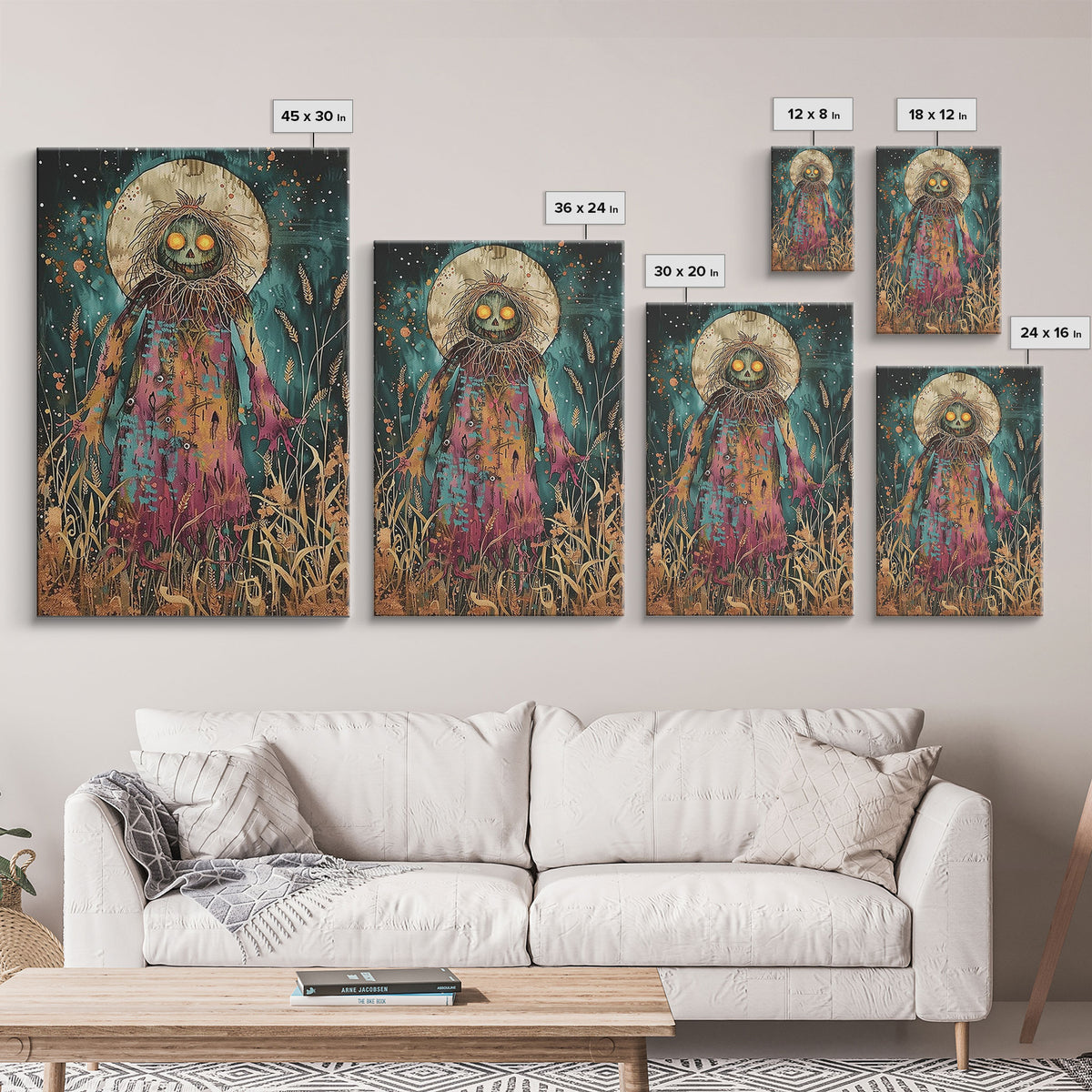 Creepy Moonlit Scarecrow Framed Canvas Print | Halloween Art | Spooky Harvest Artwork | Sinister Scarecrow Art for Home Decor