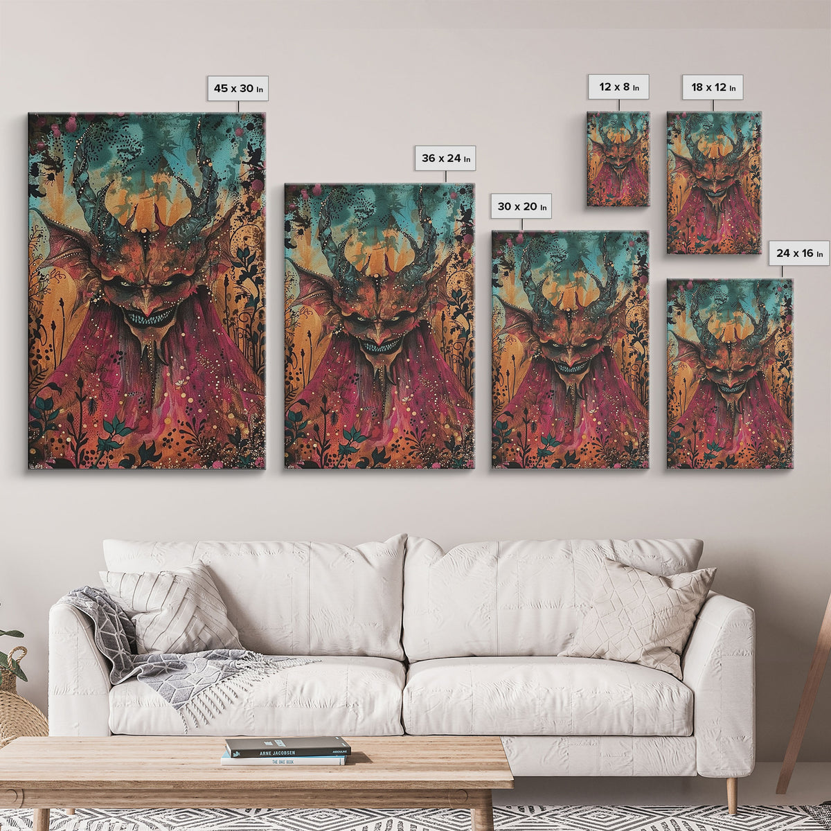 Dark Demon with Menacing Smile Framed Canvas Print, Halloween Art, Creepy Wall Art, Spooky Home Decor, Scary Art, Creepy Living Room Decor