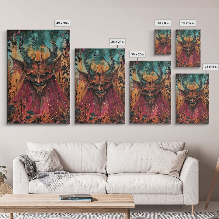 Dark Demon with Menacing Smile Framed Canvas Print, Halloween Art, Creepy Wall Art, Spooky Home Decor, Scary Art, Creepy Living Room Decor