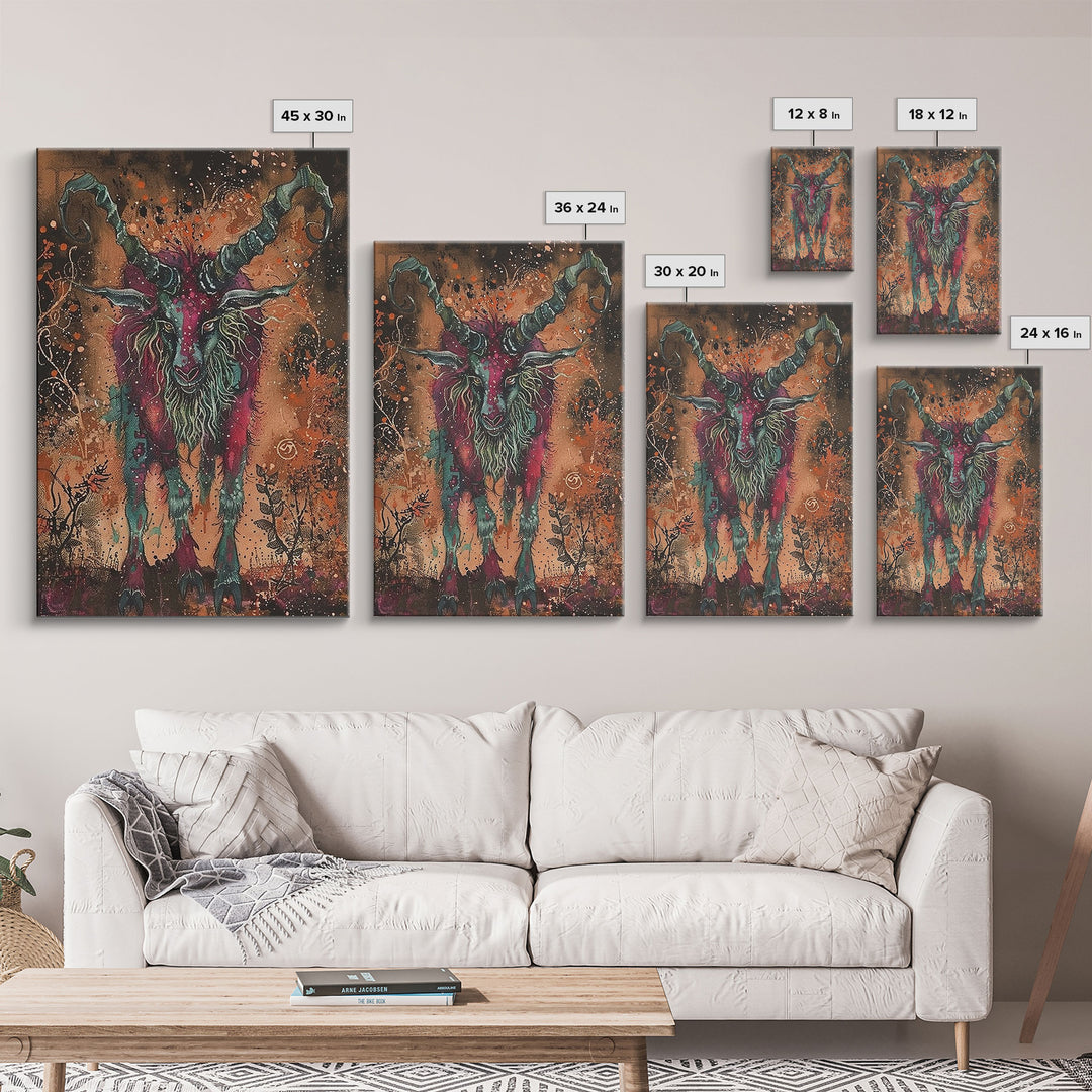 Mysterious Goat Demon Framed Canvas Print, Halloween Art, Unique Wall Art, Spooky Home Decor, Scary Art, Eerie Living Room Decor