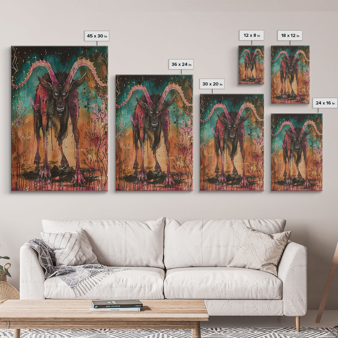 Spooky Goat Demon in the Woods Framed Canvas Print, Halloween Art, Creepy Wall Art Spooky Home Decor, Scary Art Mysterious Living Room Decor