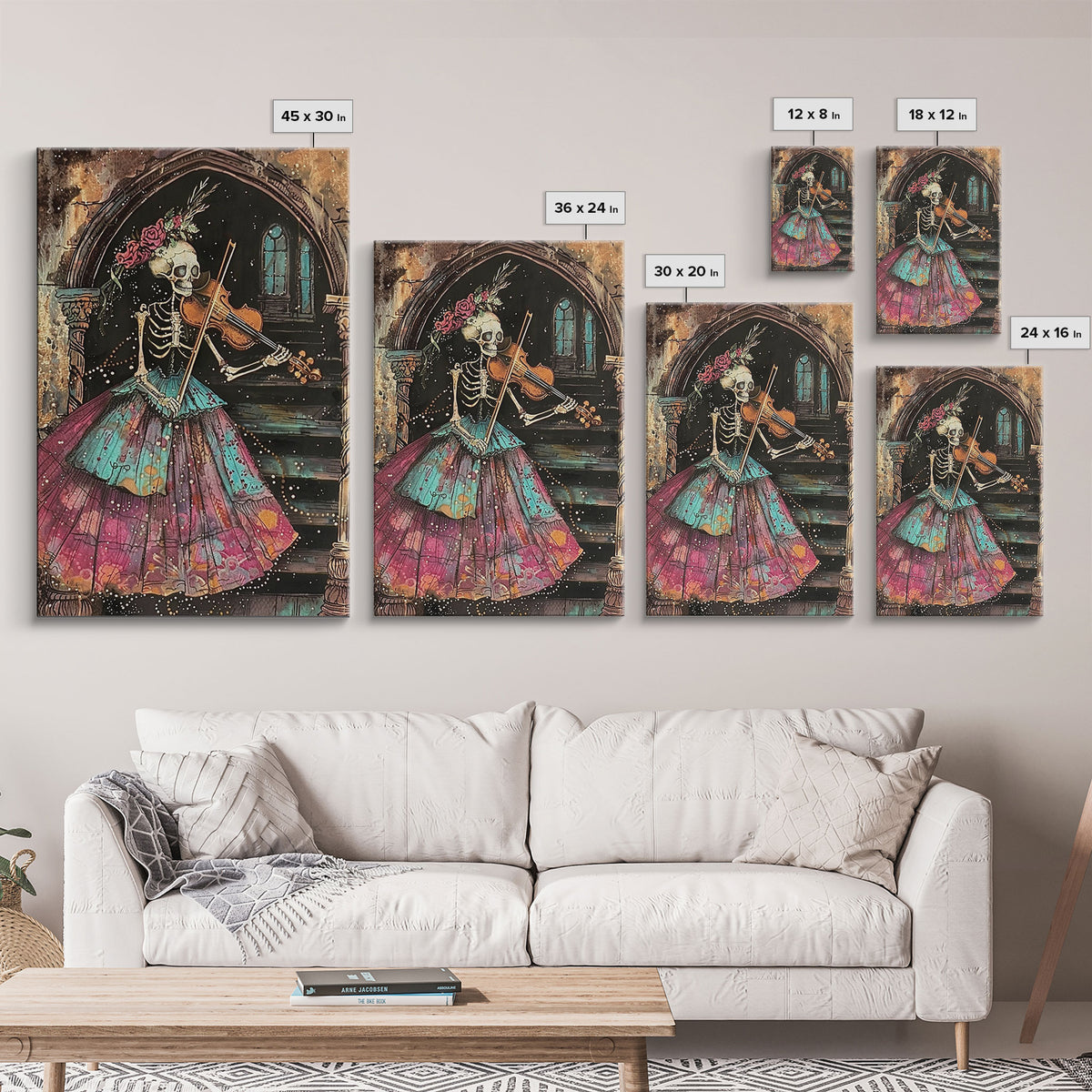 Elegant Skeleton Violinist in Gown Framed Canvas Print, Halloween Art, Creepy Wall Art, Spooky Home Decor, Art, Vintage Living Room Decor