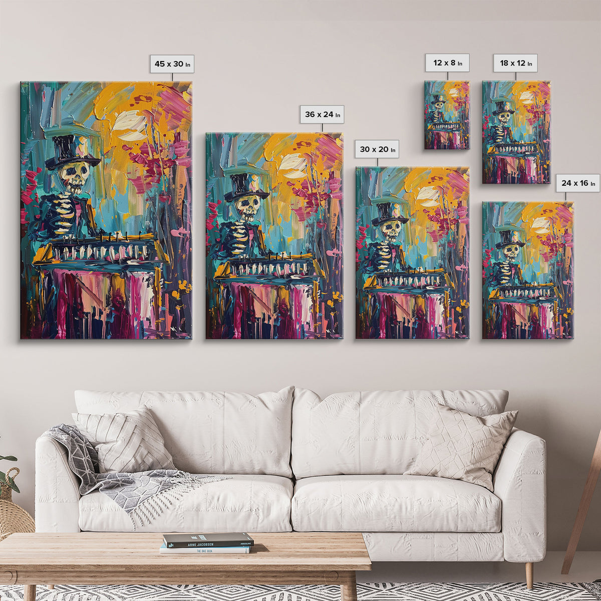 Colorful Skeleton with Top Hat Framed Canvas Print, Halloween Art, Creepy Wall Art, Spooky Home Decor, Scary Art, Vibrant Living Room Decor