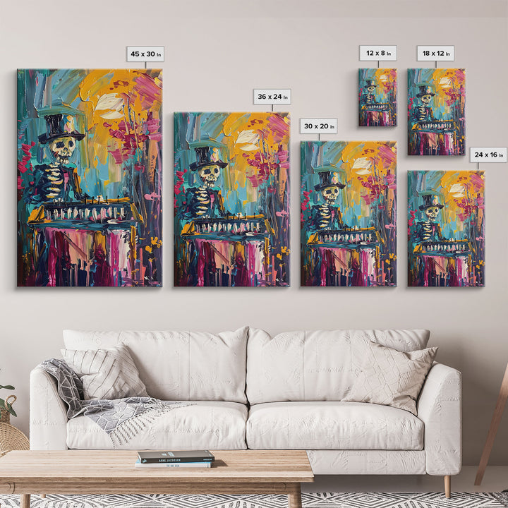 Colorful Skeleton with Top Hat Framed Canvas Print, Halloween Art, Creepy Wall Art, Spooky Home Decor, Scary Art, Vibrant Living Room Decor