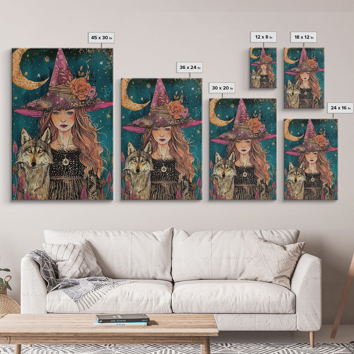 Cottage Core Witch Portrait Framed Canvas Print, Witch Art, Witch and Wolf Familiar, Colorful Springtime Witch Art