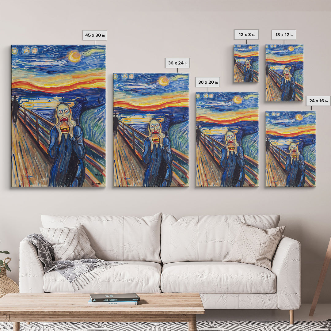 Scream-Inspired Halloween Art with a Figure Eating a Hamburger, Combining Horror and Humor for a Unique and Spooky Wall Art Piece