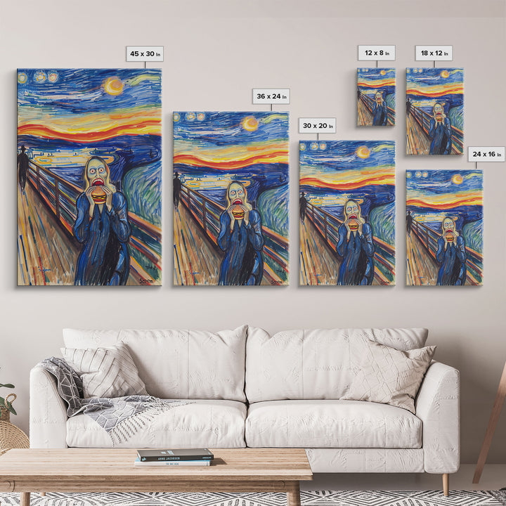 Scream-Inspired Halloween Art with a Figure Eating a Hamburger, Combining Horror and Humor for a Unique and Spooky Wall Art Piece