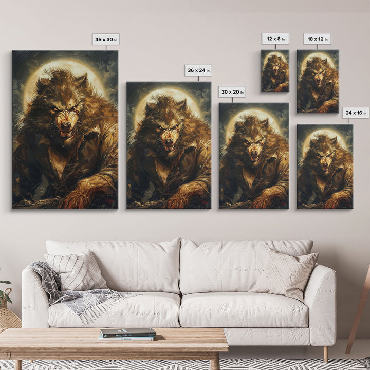 Ferocious Werewolf Under Full Moon Framed Canvas Print | Halloween Monster Art | Spooky Werewolf Decor for Home | Intense Werewolf Artwork