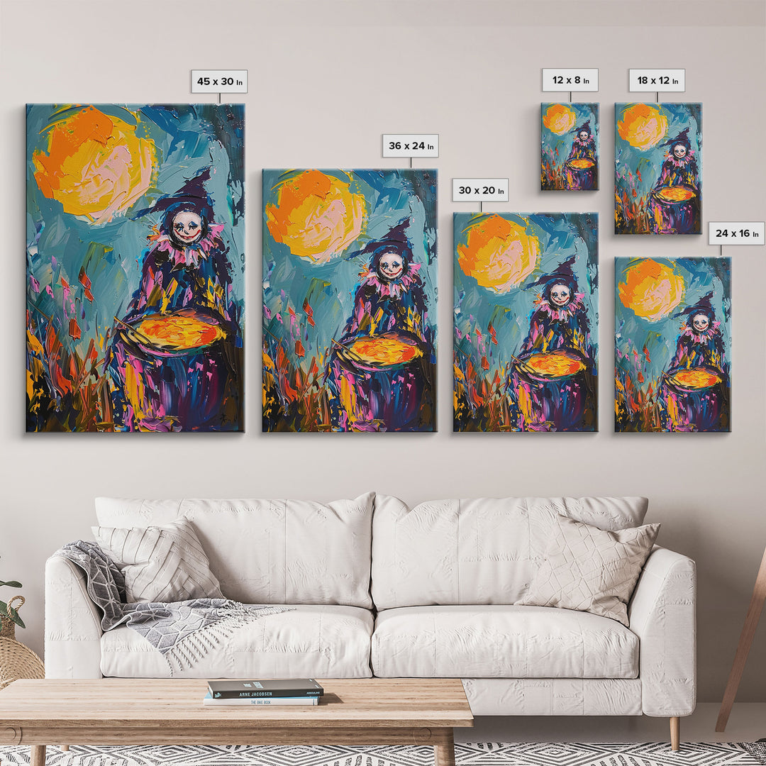Colorful Witch Mixing Potions Framed Canvas Print | Halloween Witch Art | Vibrant Witch Decor for Home | Whimsical Halloween Artwork