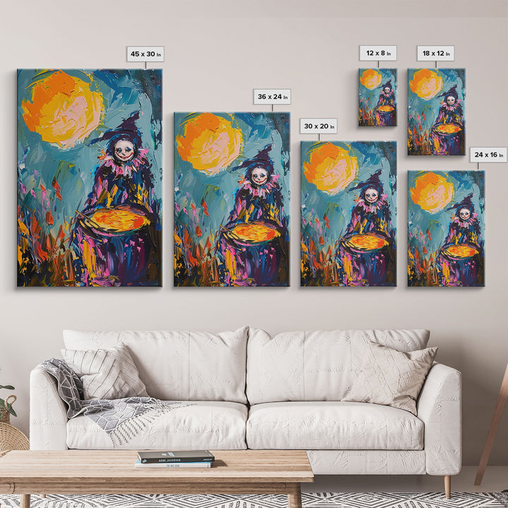 Colorful Witch Mixing Potions Framed Canvas Print | Halloween Witch Art | Vibrant Witch Decor for Home | Whimsical Halloween Artwork