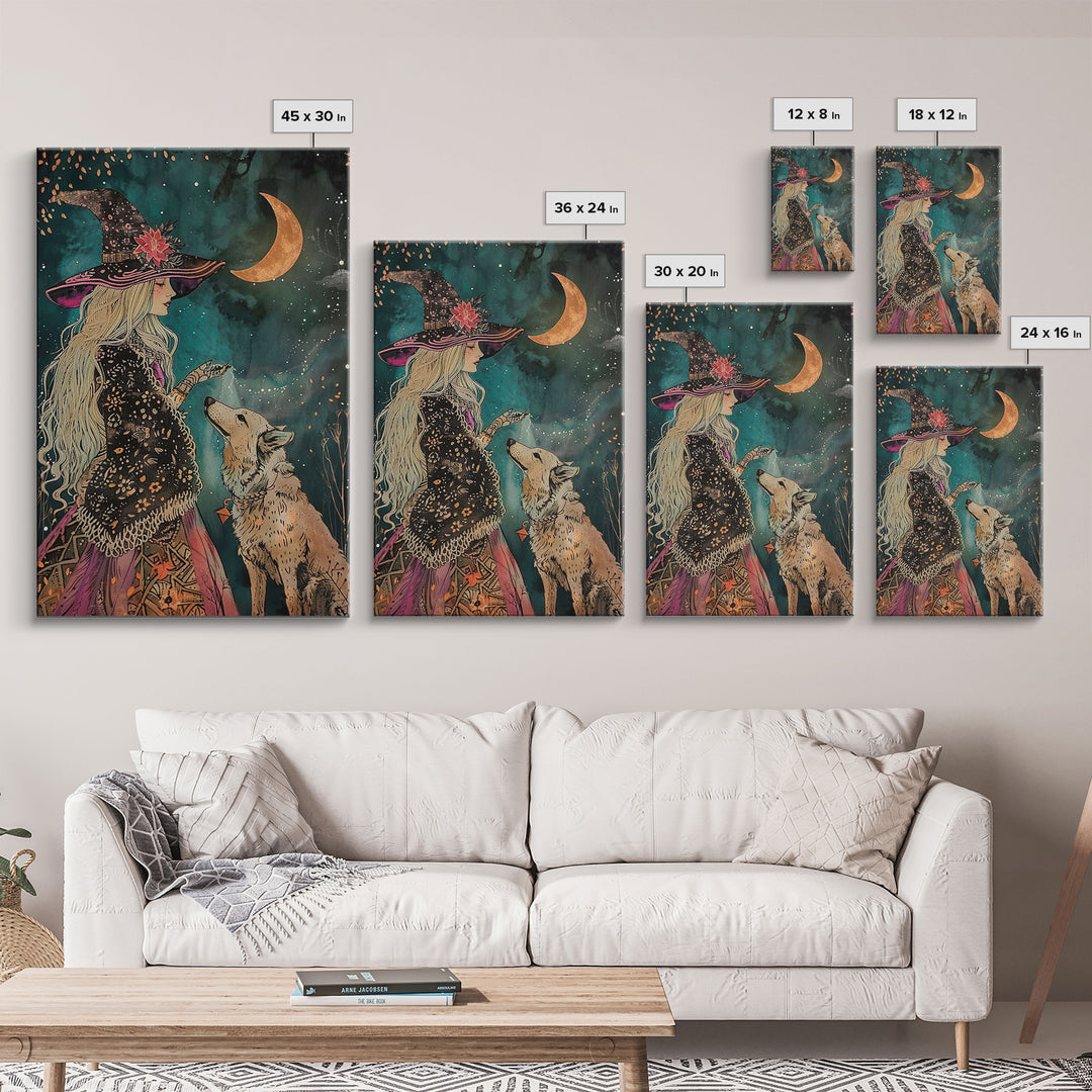 Mystical Witch and Wolf Under Crescent Moon - Halloween Wall Art - Spooky Home Decor - Perfect Halloween Gift - Witch and Wolf Painting